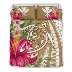 FamilyGater Home Set - Hawaii Polynesian Turtle Tropical Hibiscus Plumeria Bedding Set - Gold - AH - J4