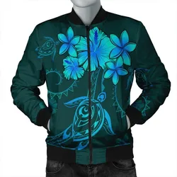 Hawaiian Turtles Hibiscus Plumeria Polynesian Bomber Jacket - Turquoise