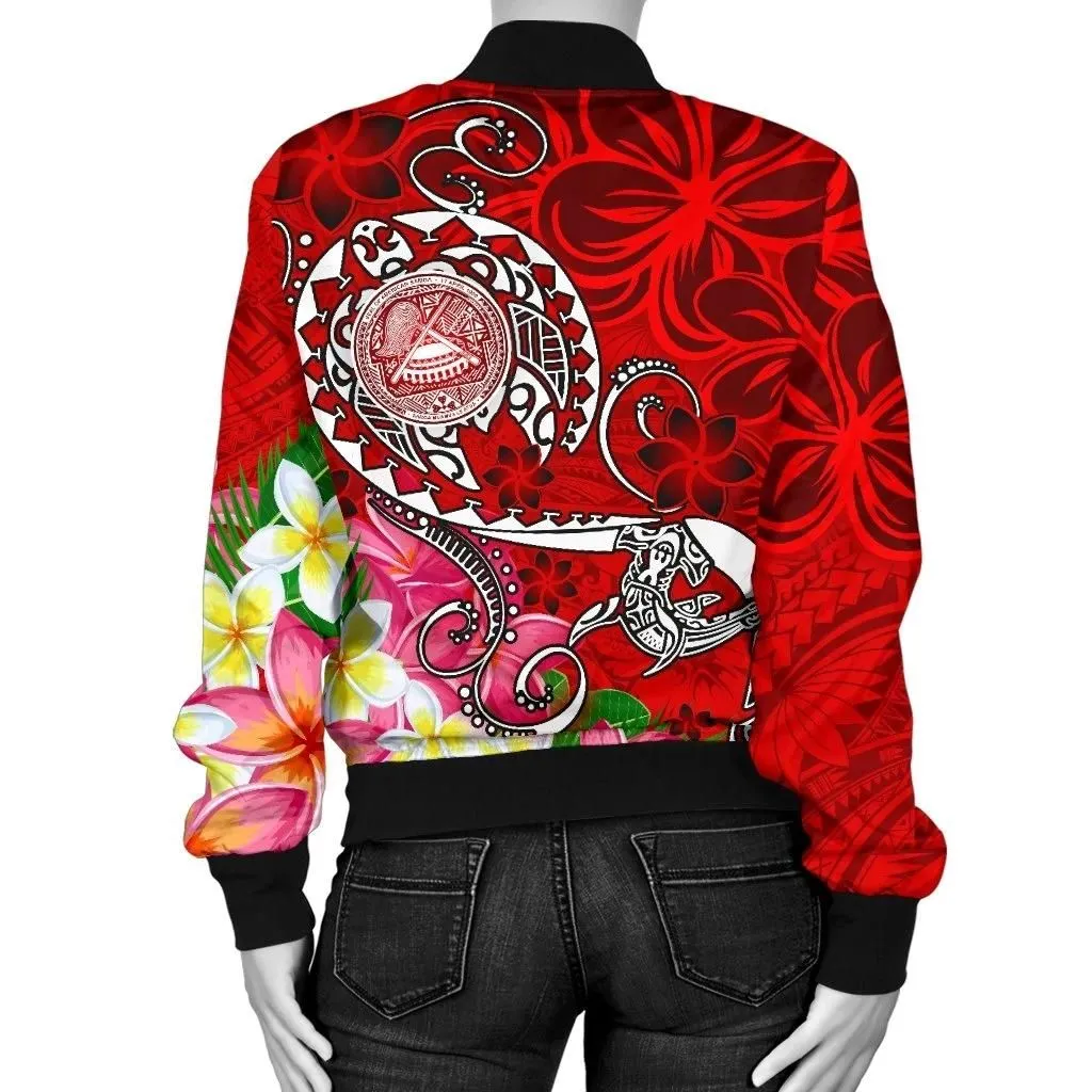 American Samoa Polynesian Women's Bomber Jacket - Turtle Plumeria (Red) - BN18