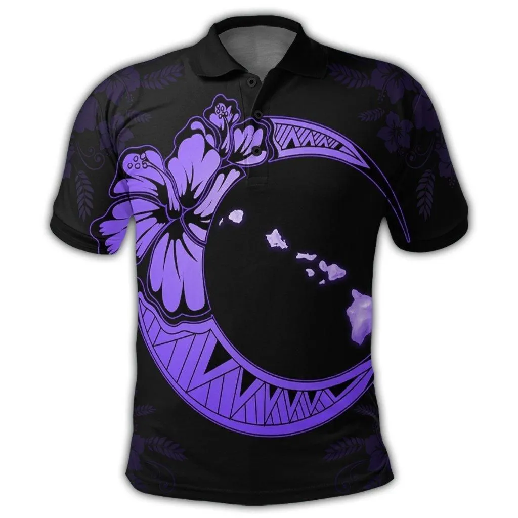 Hawaiian Map Hibiscus Turtle Polynesian Moon Polo Shirt Purple