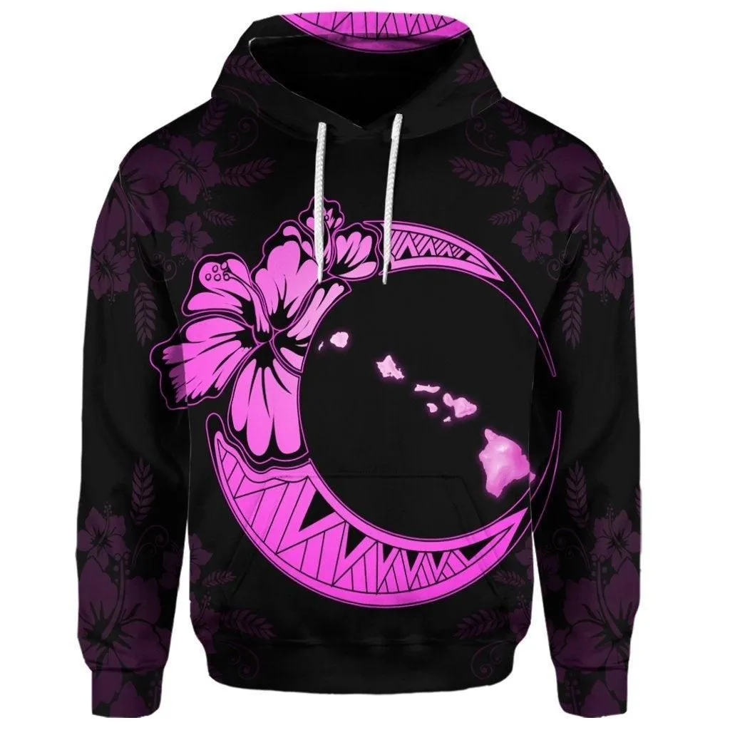(Personalised) Hawaiian Map Hibiscus Turtle Polynesian Moon Hoodie Pink