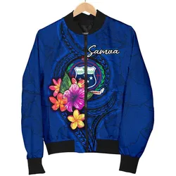 Samoa Polynesian Mens Bomber Jacket - Floral With Seal Blue