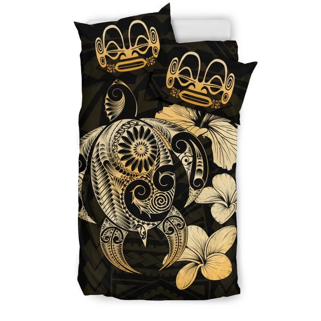 Marquesas Islands Hibiscus Plumeria Mix Polynesian Gold Turtle Bedding Set - J1