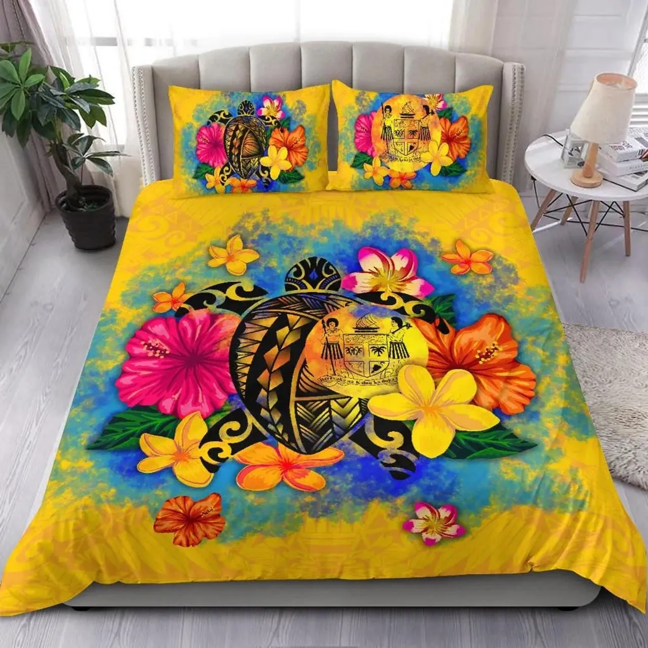 Fiji Polynesian Bedding Set - Turtle With Plumeria And Hibiscus