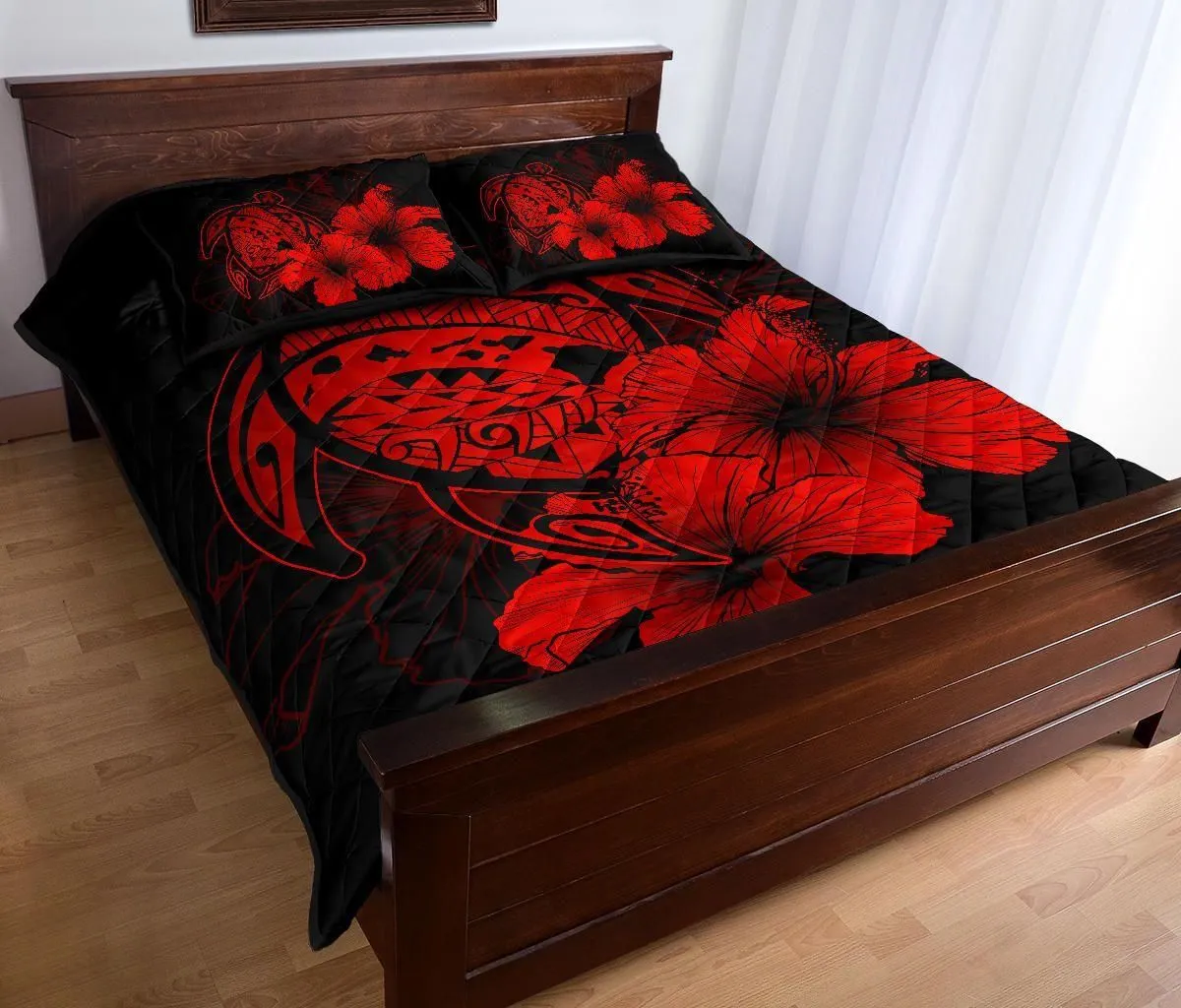FamilyGater Home Set - Hawaiian Map Turtle Hibiscus Polynesian Quilt Bedding Set - Red - AH J9