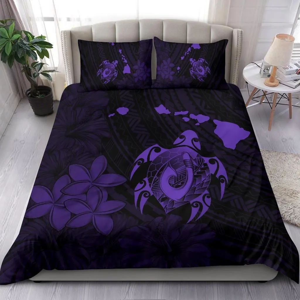 Alohawaii Bedding Set - Cover and Pillow Cases Hawaiian Map Turtle Plumeria Hibiscus Fish Hook Polynesian Purple - AH - J5