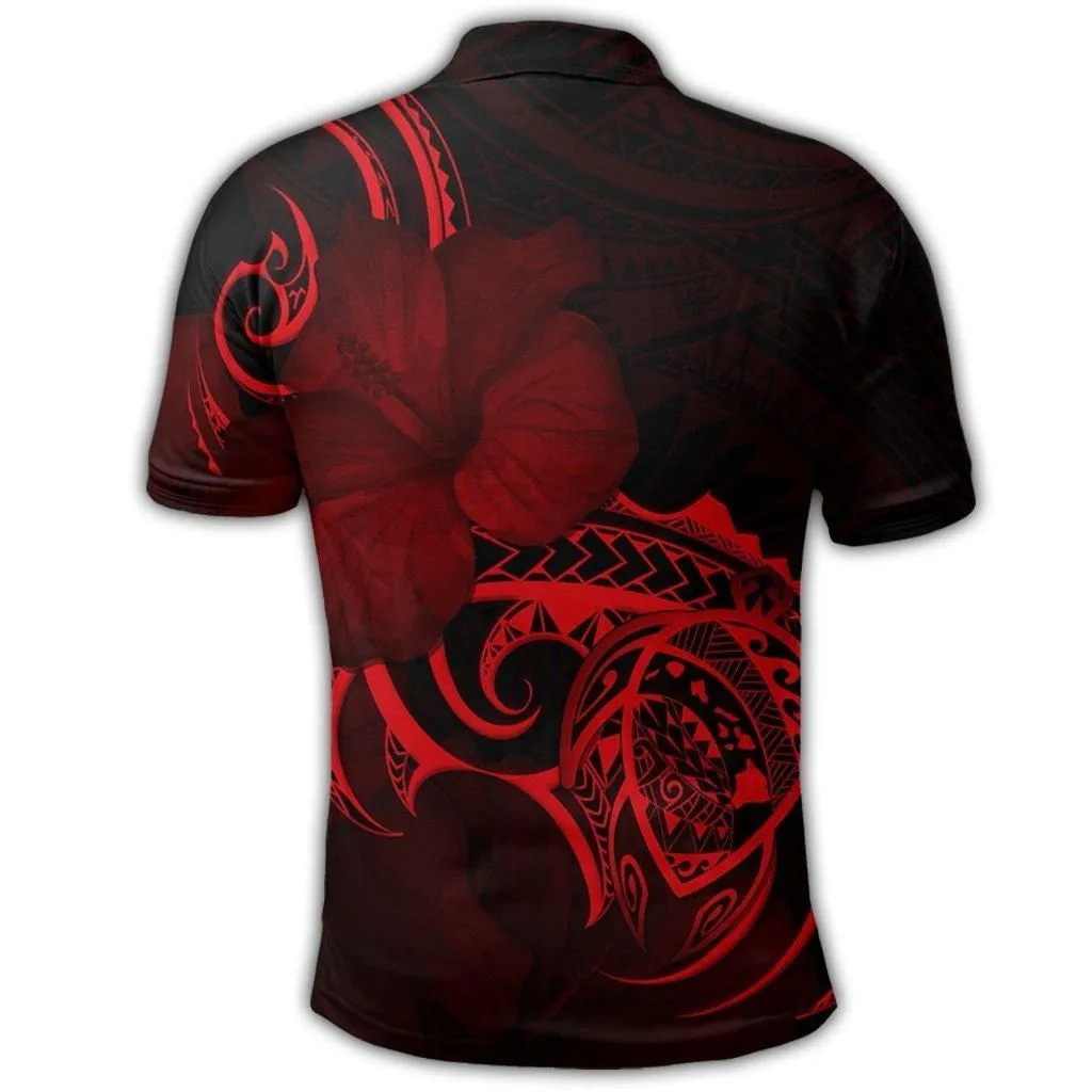 Hawaii Map Turtle Hibiscus Divise Polynesian Polo Shirt Red
