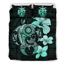 Alohawaii Bedding Set - Cover and Pillow Cases Solomon Islands Hibiscus Plumeria Mix Polynesian Turquoise Turtle - J1