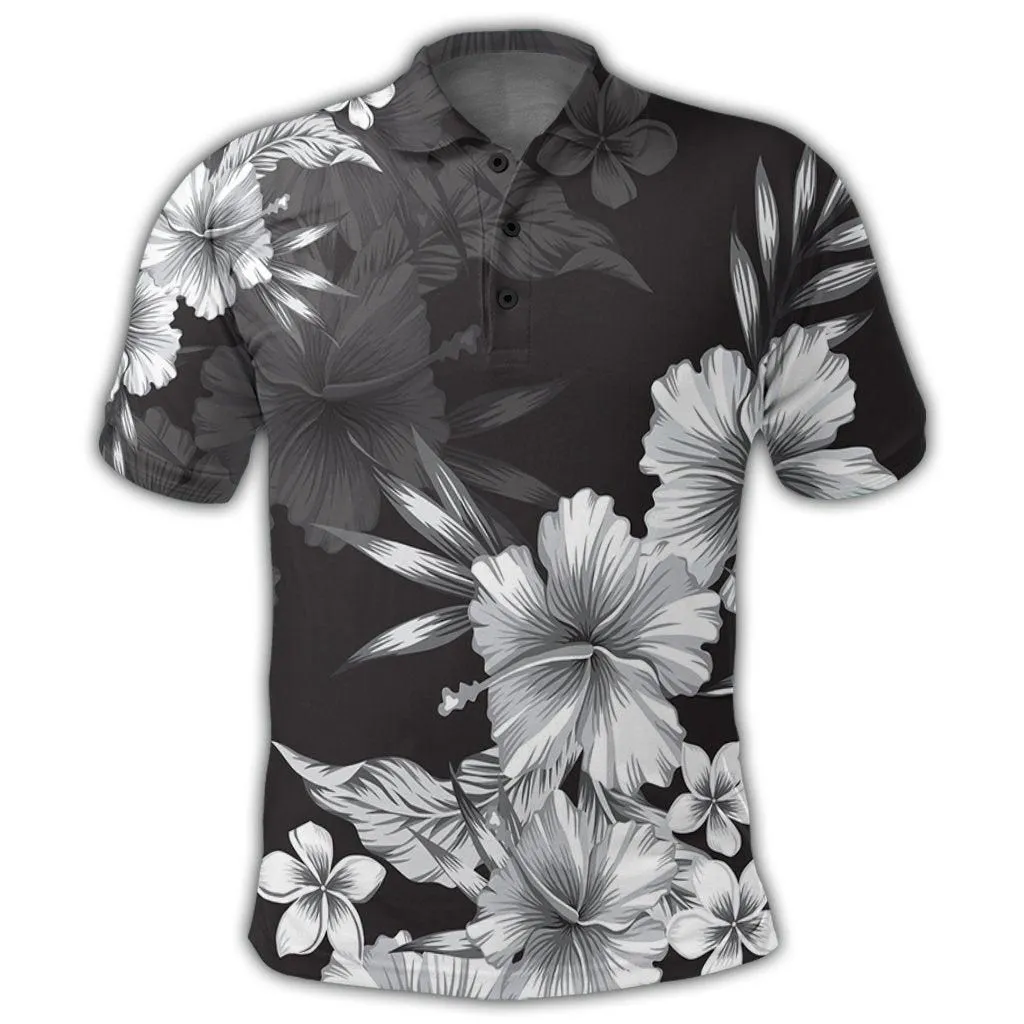 Hawaiian Hibiscus Black and White Polynesian Polo Shirt