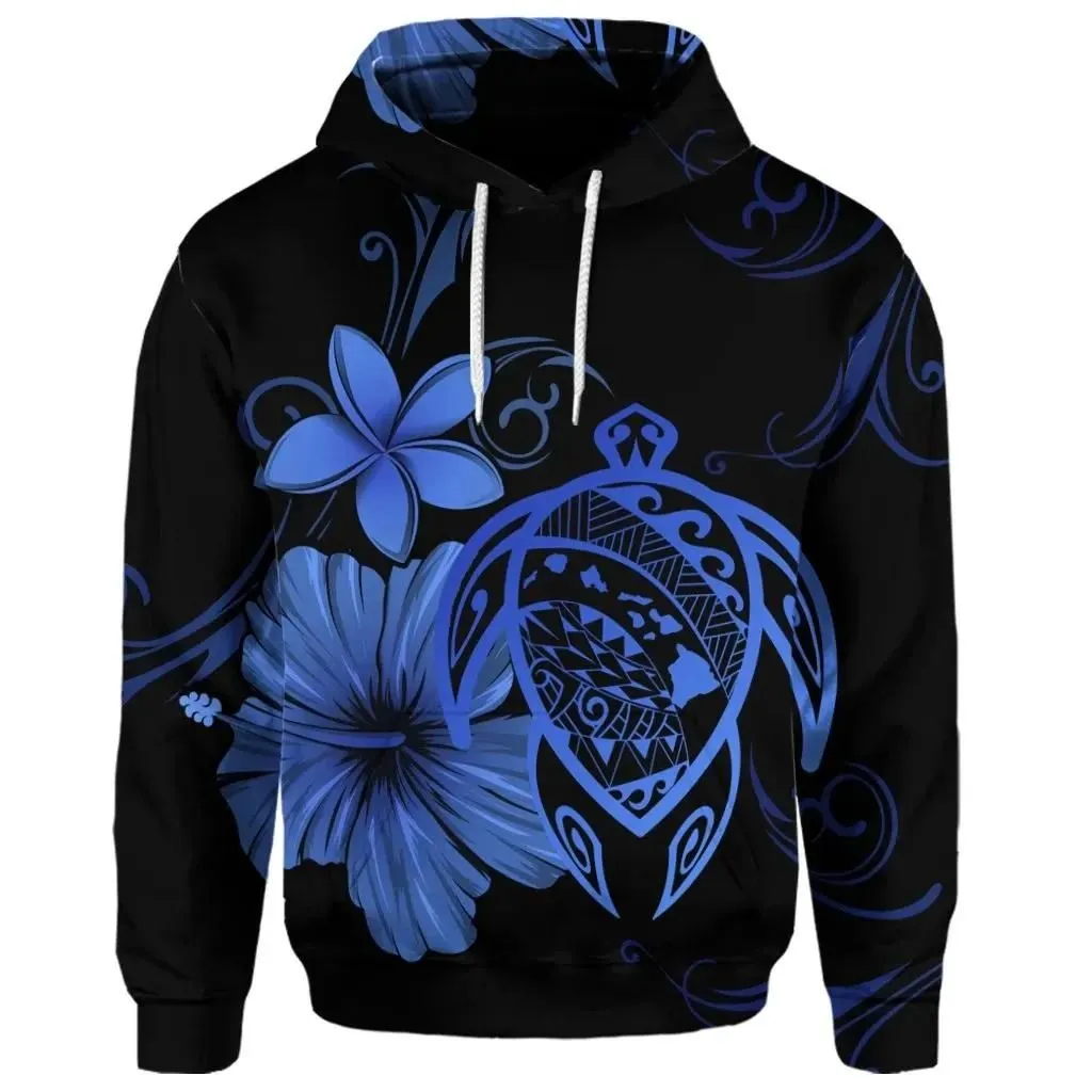 Alohawaii Hoodie - (Personalised) Hawaiian Map Turtle Hibiscus Plumeria Polynesian Hoodie - Blue - AH - J4R