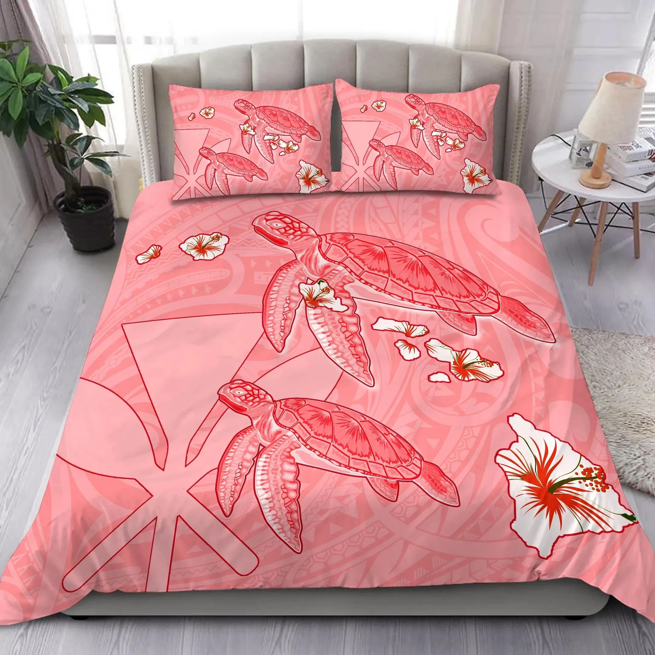 FamilyGater Home Set - Hawaii Turtle Hibiscus Kanaka Map Bedding Set - Red - Aura Style - AH - J2