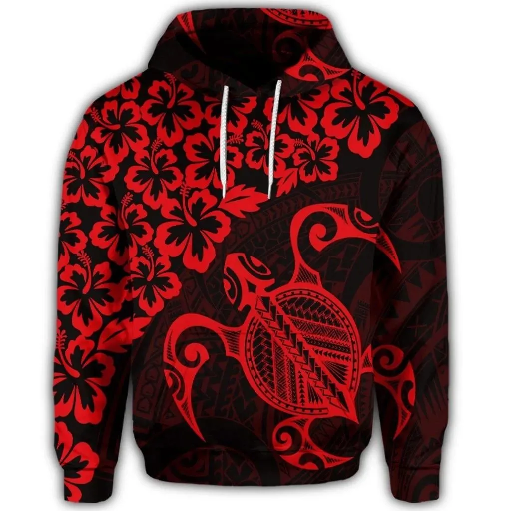Alohawaii Hoodie - Hawaiian Map Turtle Hibiscus Kanaka Polynesian Hoodie - Red - AH - J4R