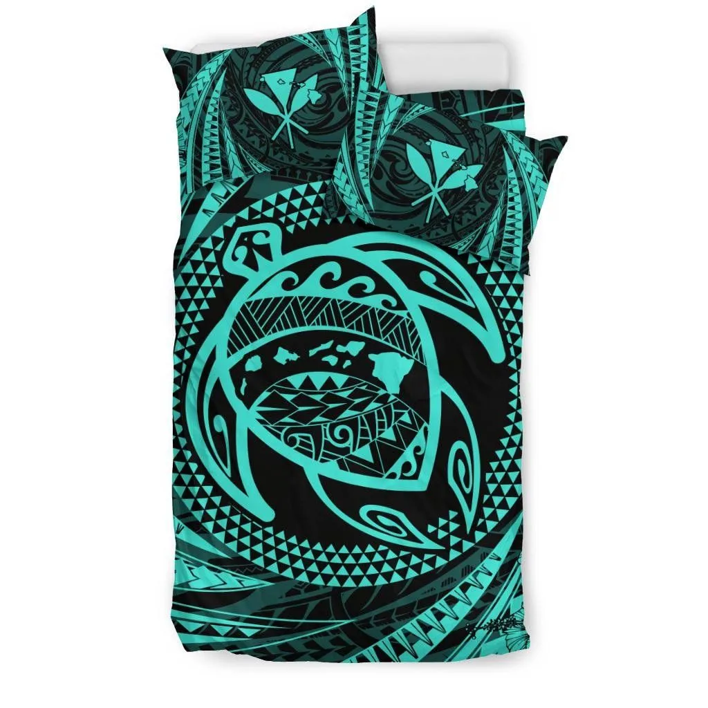 FamilyGater Home Set - Hawaiian Kanaka Honu Hibiscus Tornado Turquoise Polynesian Bedding Set - AH - JD