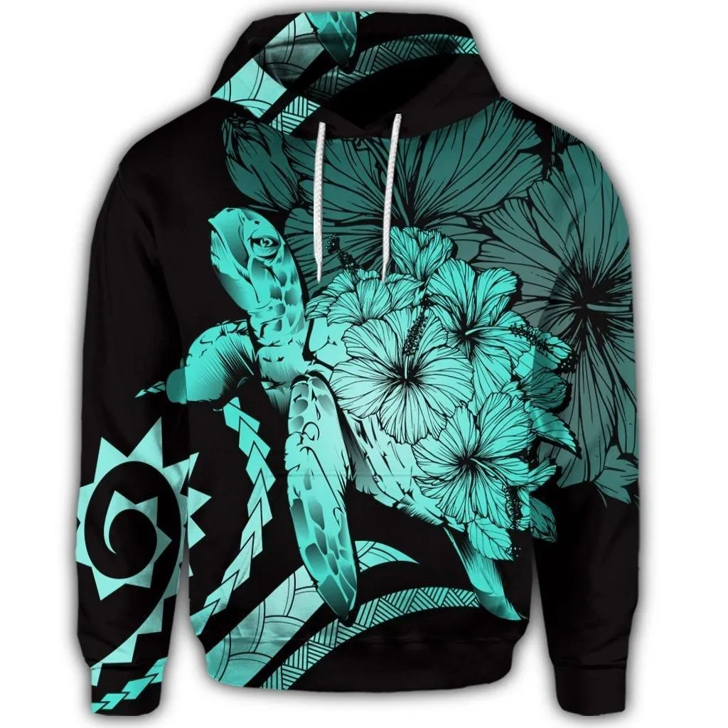 Hawaiian Hoodie - Hawaiian Turtle Hibiscus Polynesian Vintage Hoodie - Turquoise