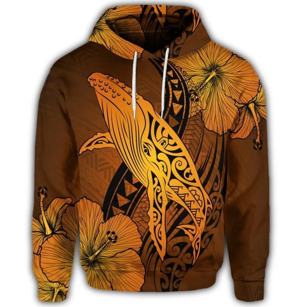 Alohawaii Hoodie - Hawaiian Map Whale Swim Hibiscus Polynesian Hoodie - Orange - AH - J6R