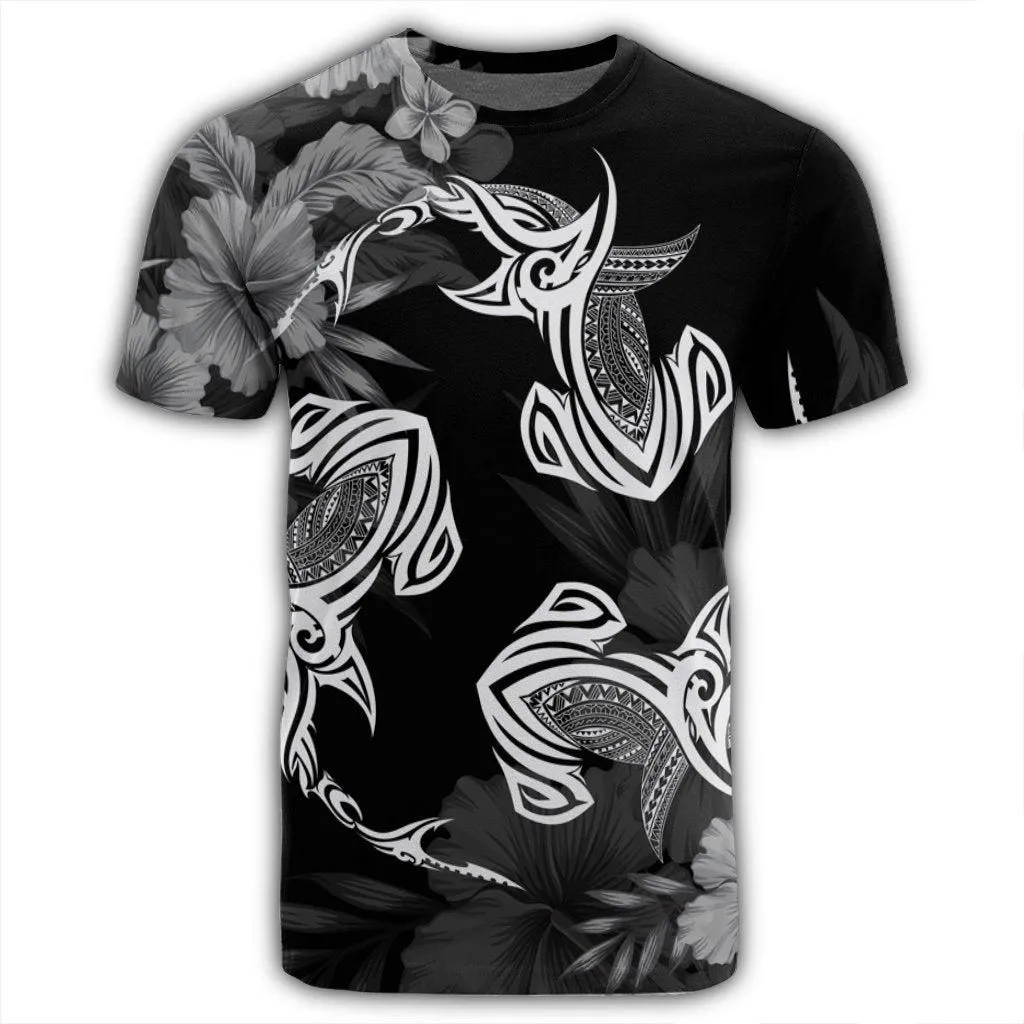 Hawaiian Hammerhead Shark Hibiscus White Polynesian T-Shirt - AH