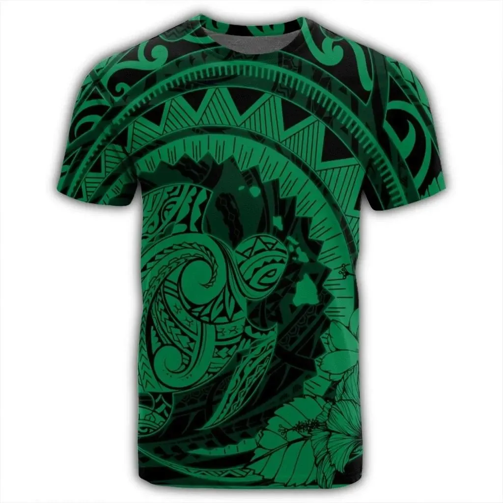 Alohawaii Tee - Hawaiian Kanaka Honu Map Hibiscus Globular Polynesian Green T-shirt AH - JR