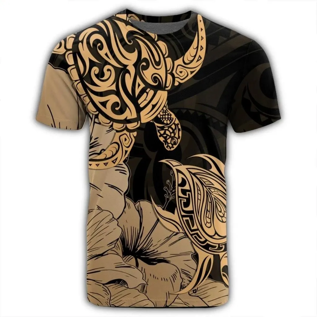 Alohawaii Tee - Hawaii Turtle T-Shirt Polynesian Hibiscus Art Gold - AH - JR