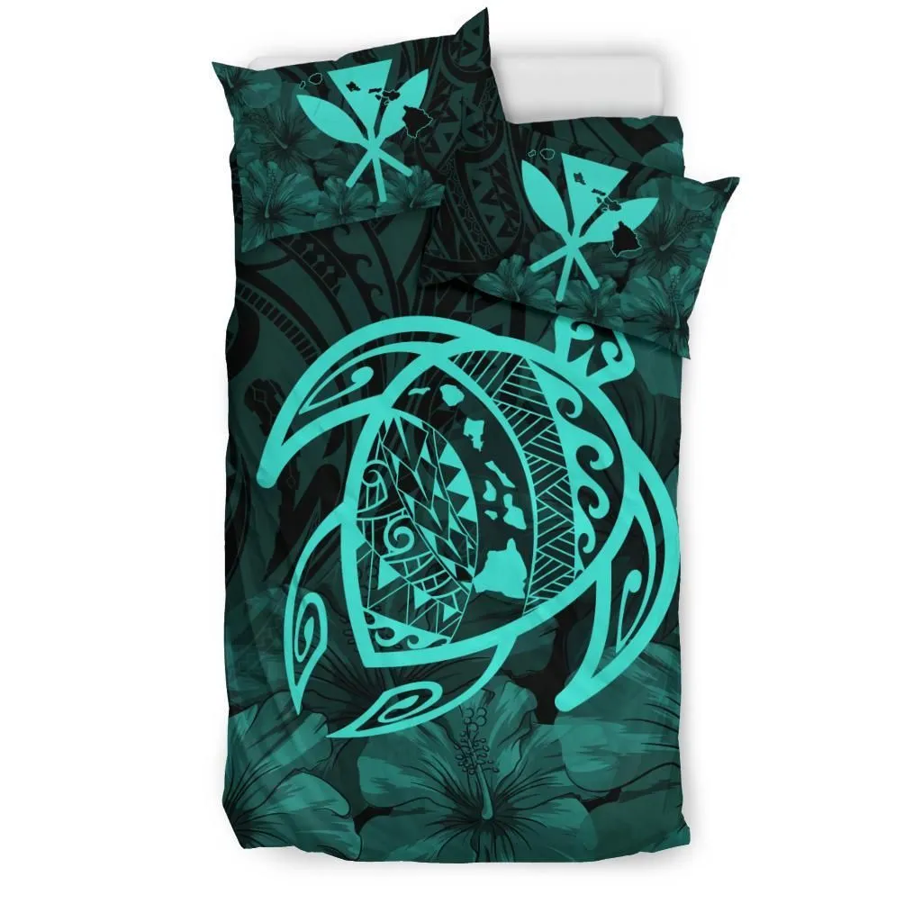 FamilyGater Home Set - Hawaiian Map Turtle Kanaka Hibiscus Polynesian Bedding Set - Turquoise - AH J4