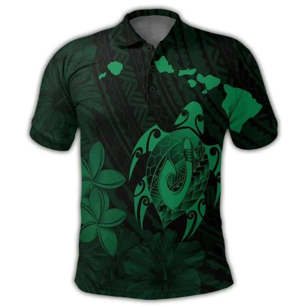 Alohawaii Shirt - Hawaiian Map Turtle Plumeria Hibiscus Fish Hook Polynesian Polo Shirt Green - AH - J5R