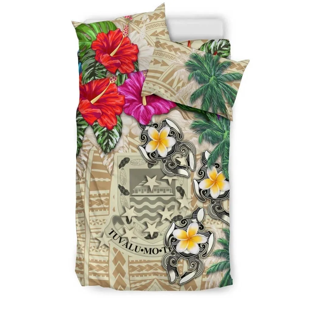 FamilyGater Bedding Set - Cover and Pillow Cases Tuvalu - Hibiscus Turtle Tattoo Beige A02