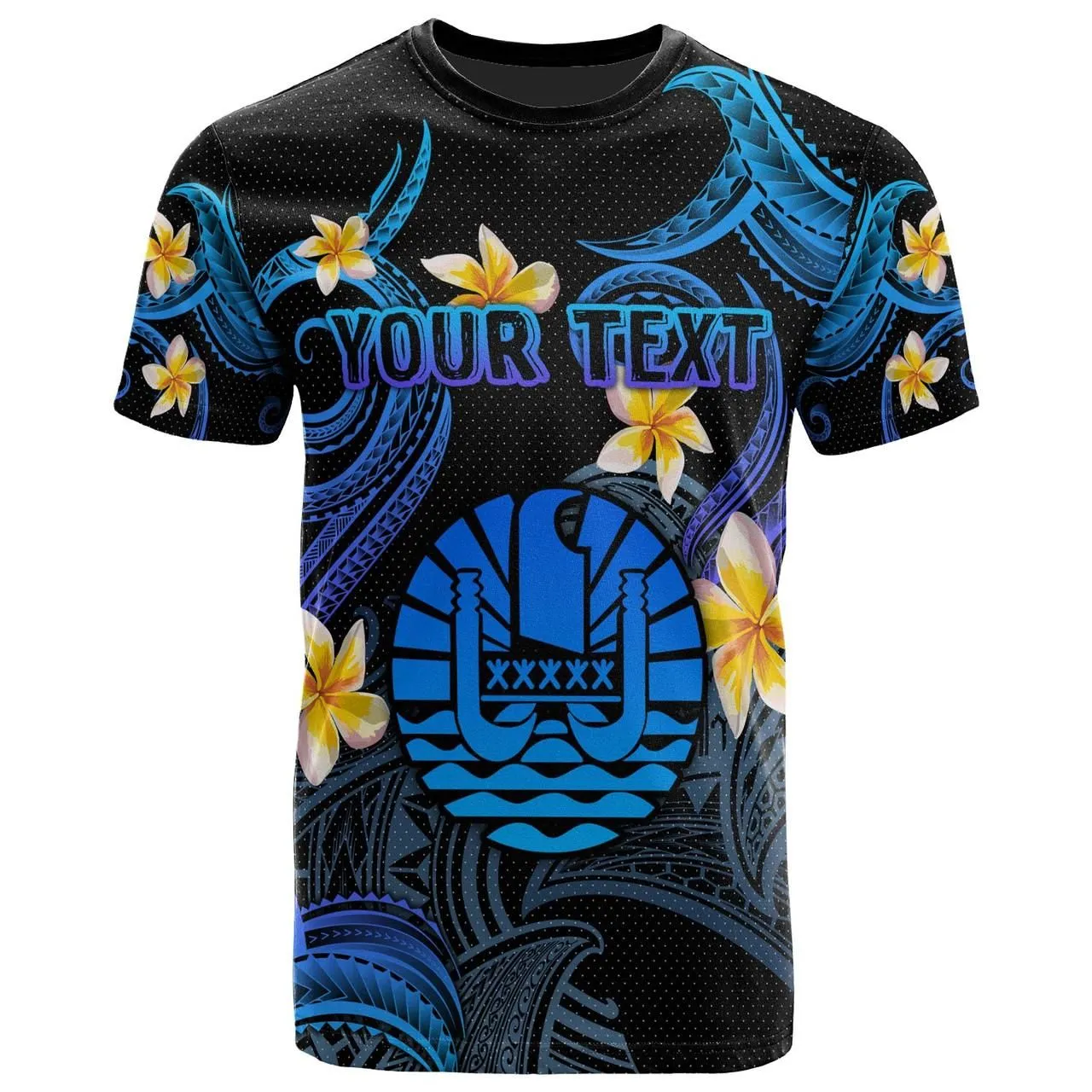Tahiti T-shirt - Custom Personalised Polynesian Waves with Plumeria Flowers (Blue)