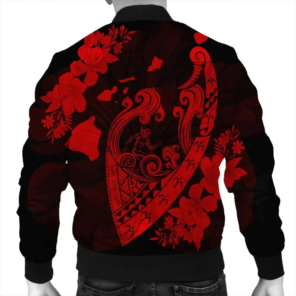 Alohawaii Jacket - Hawaiian Fish Hook Hibiscus Banzai Surfing Polynesian Bomber Jacket Red - AH - J5R