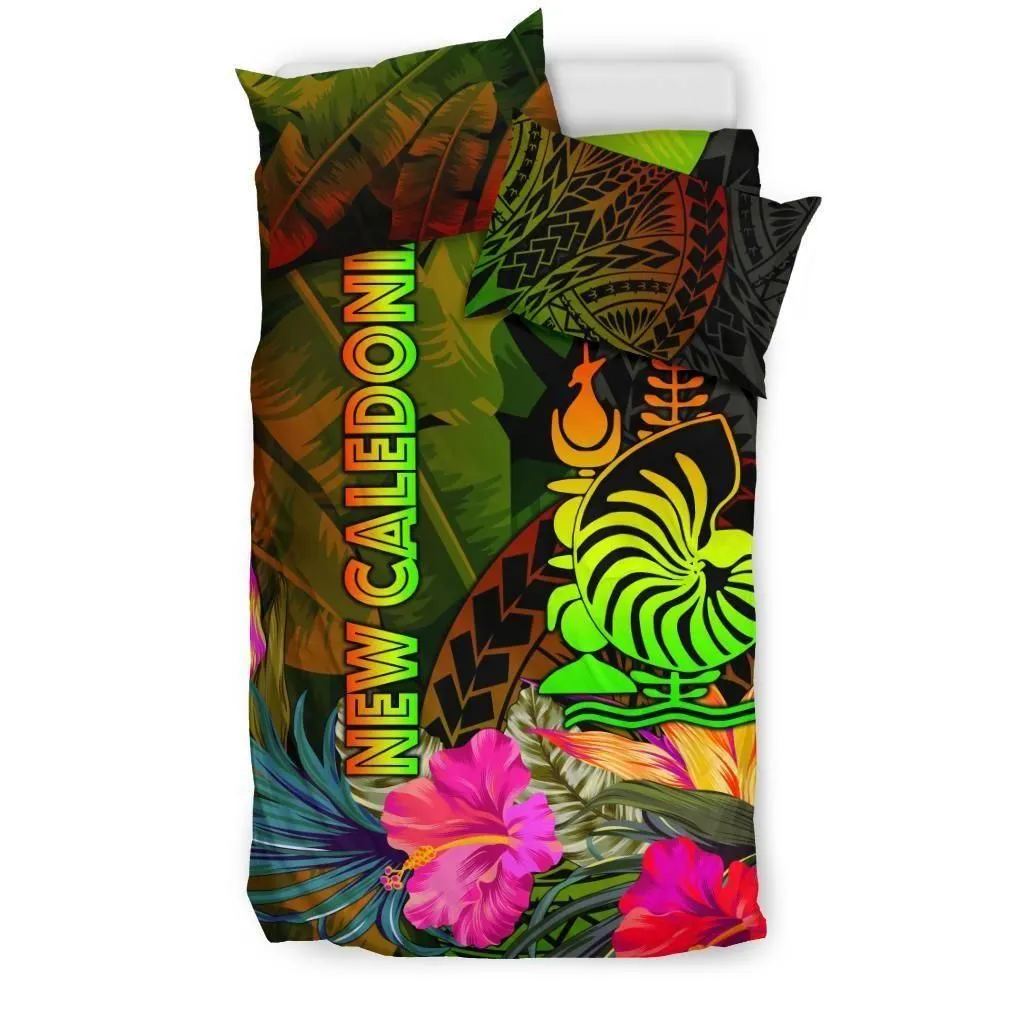 Alohawaii Bedding Set - Cover and Pillow Cases New Caledonia Polynesian Hibiscus and Banana Leaves - BN15