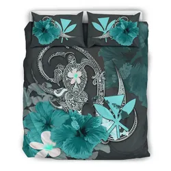 Kanaka Maoli (Hawaii) Bedding Set - Hibiscus Turtle Tribal Turquoise A02