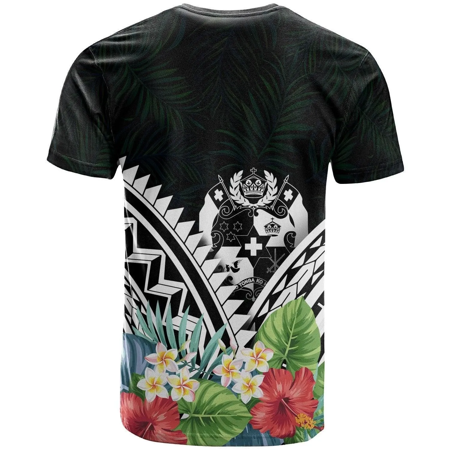 Tonga Polynesian T shirts - Tonga Coat of Arms and Polynesian Tropical Flowers White