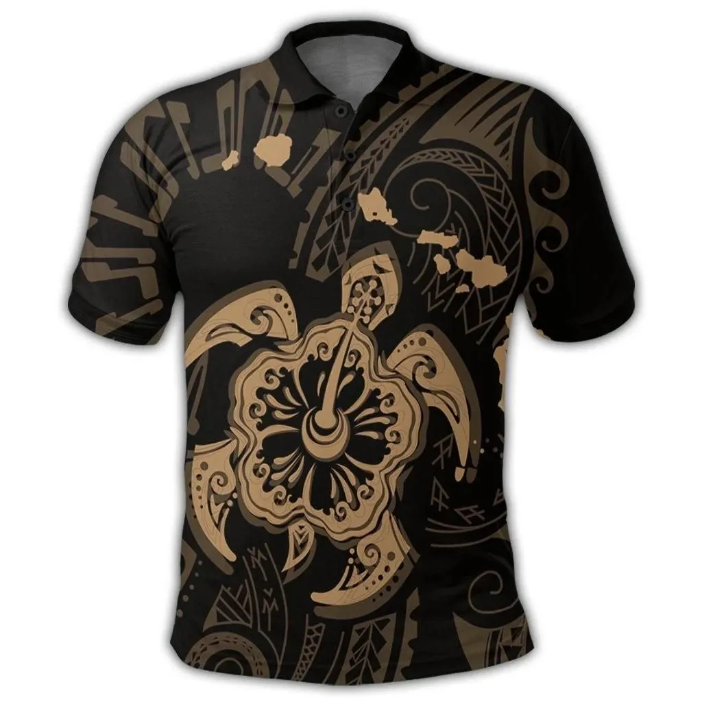 Alohawaii Shirt - Hawaiian Map Kanaka Hibiscus Turtle Gold Polynesian Polo Shirt - AH - J4R