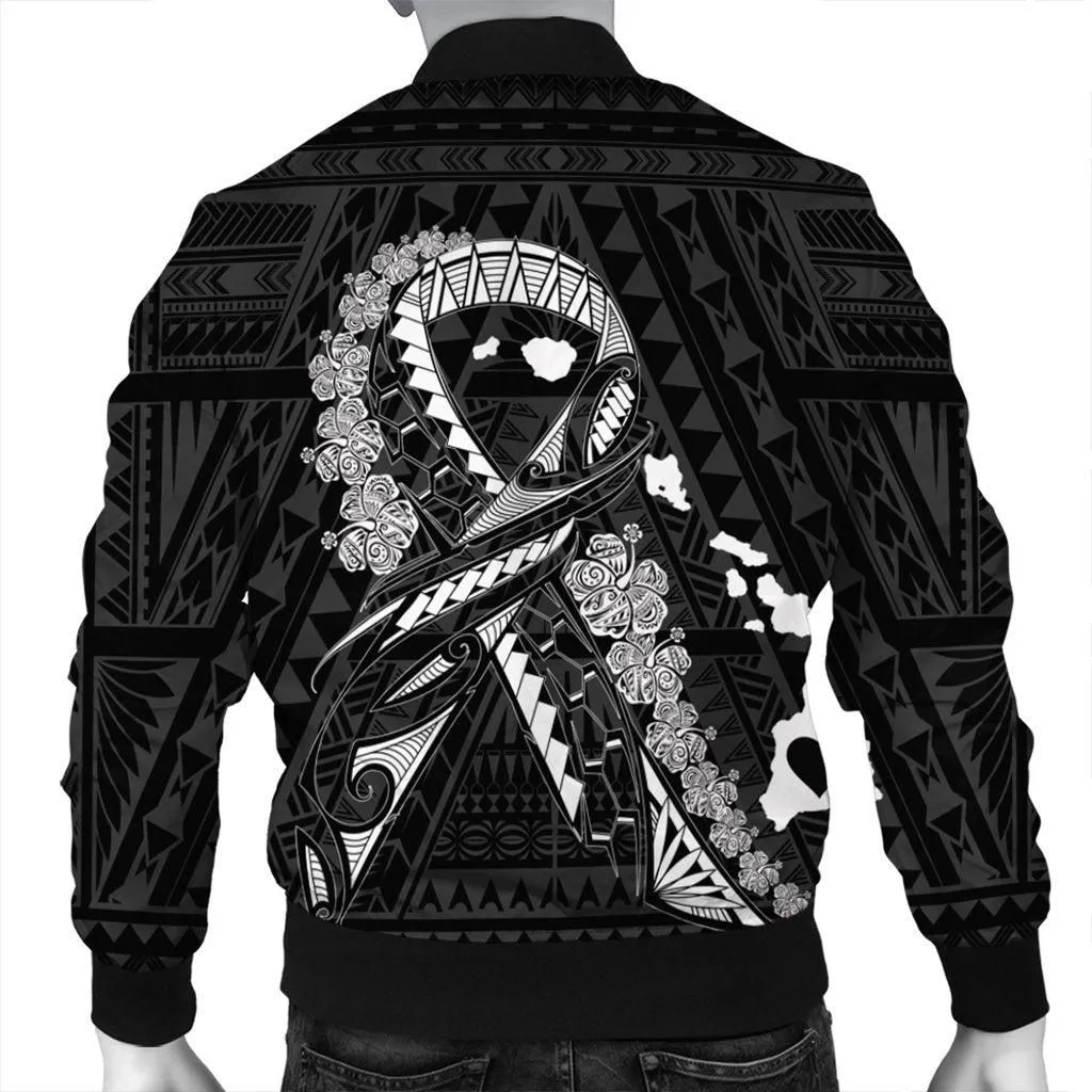 Hawaiian Map Heart Ribbon Cancer Hibiscus White Polynesian Bomber Jacket - AH