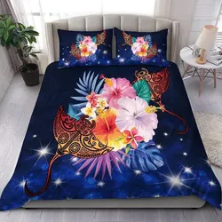 Alohawaii Home Set - Hawaii Couple Manta Ray Plumeria Hibiscus Tropical Polynesian Bedding Set - Bling Style - AH - JA