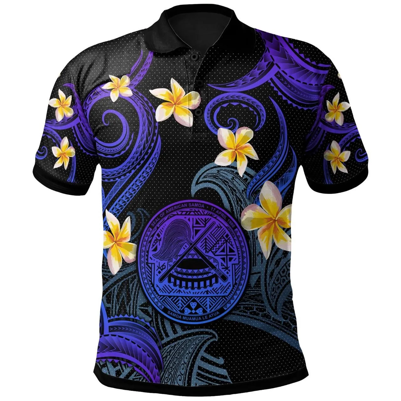 American Samoa Polo Shirt - Custom Personalised Polynesian Waves with Plumeria Flowers (Blue)