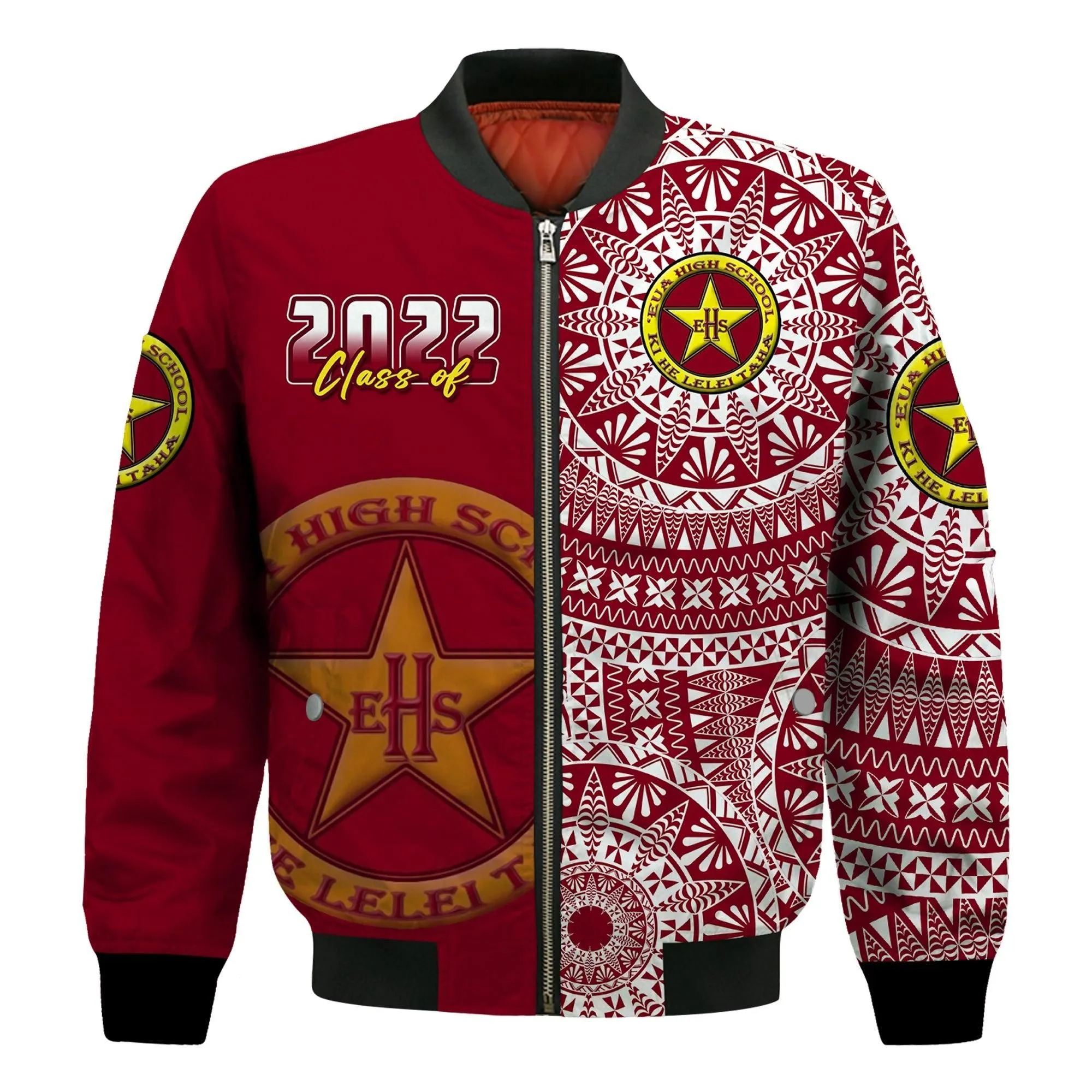 (Custom Text And Number) Tonga Eua High School Bomber Jacket Class Of Year Tongan Ngatu Pattern LT14