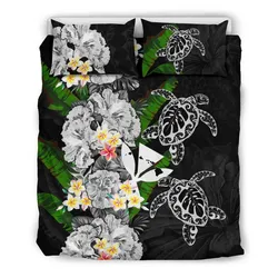 Kanaka Maoli (Hawaiian) Bedding Set - Polynesian Hibiscus Turtle Palm Leaves Gray A02