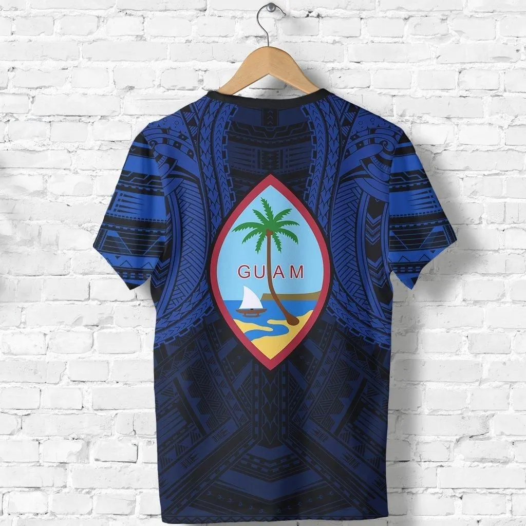 Guam Spirit T shirt - Guam Coat of Arms Polynesian Tattoo (Blue)