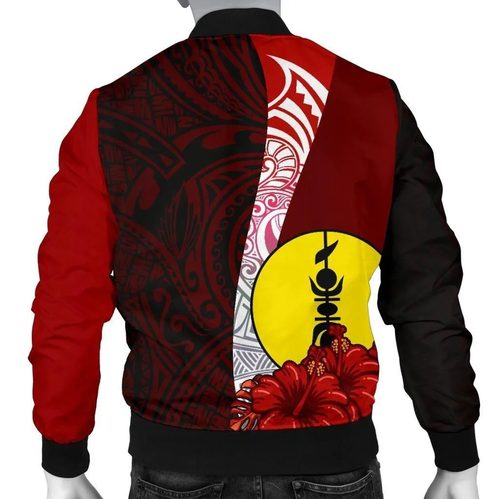 New Caledonia Polynesian Custom Personalised Mens Bomber Jacket - Coat Of Arm With Hibiscus