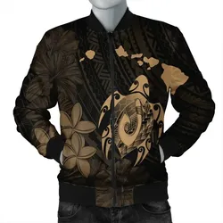FamilyGater Jacket - Hawaiian Map Turtle Plumeria Hibiscus Fish Hook Polynesian Bomber Jacket Gold - AH - J5R