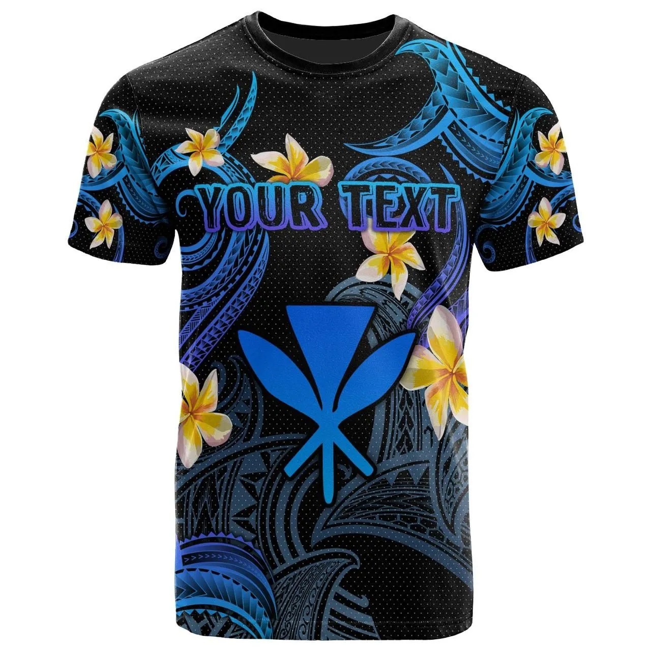 Kanaka Maoli T-shirt - Custom Personalised Polynesian Waves with Plumeria Flowers (Blue)
