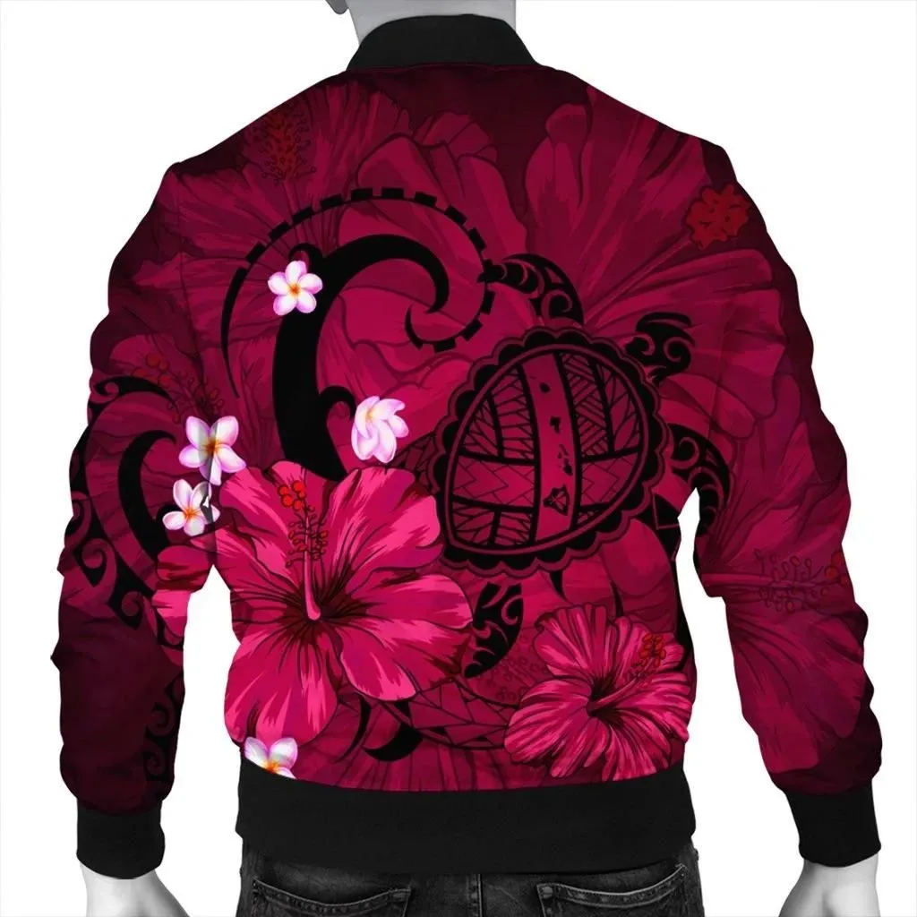 FamilyGater Jacket - Hawaiian Map Big Turtle Hibiscus Plumeria Tribal Polynesian Bomber Jacket - Pink - AH - J6R