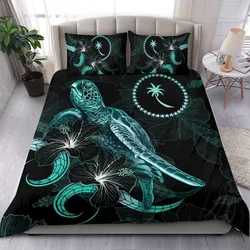 Chuuk Polynesian Bedding Set - Turtle With Blooming Hibiscus Turquoise