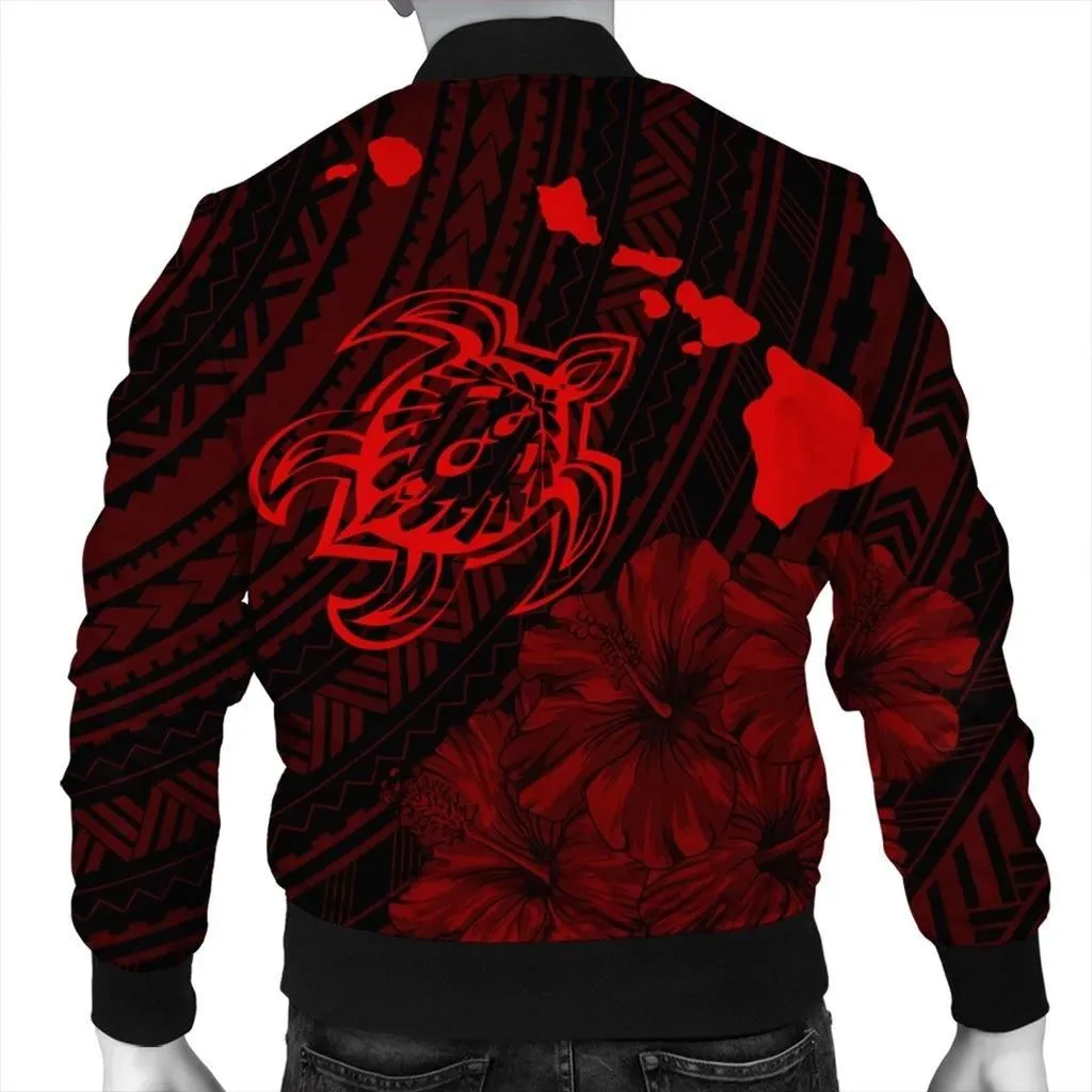 Alohawaii Jacket - Hawaiian Hibiscus Sea Turtle Swim Polynesian Bomber Jacket - Red - AH - J5R