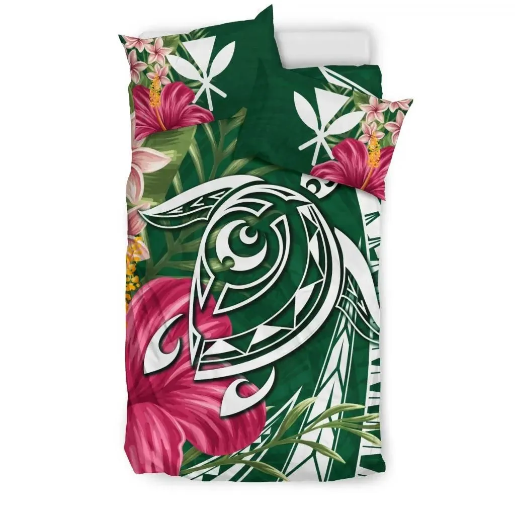 FamilyGater Home Set - Hawaii Polynesian Turtle Tropical Hibiscus Plumeria Bedding Set - Green - AH - J4