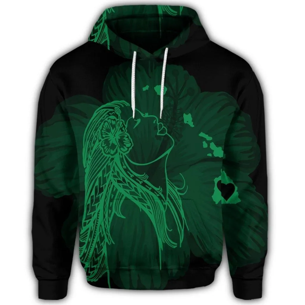 Hawaiian Map Heart Hula Girl Hibiscus Green Polynesian Hoodie