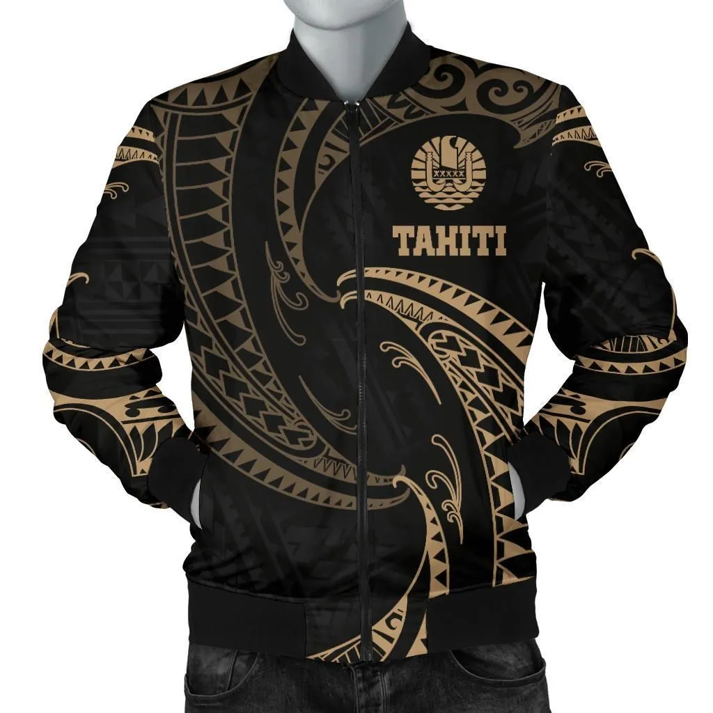 Tahiti Polynesian Mens Bomber Jacket - Gold Tribal Wave