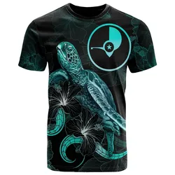 Yap Polynesian T shirt - Turtle With Blooming Hibiscus Turquoise