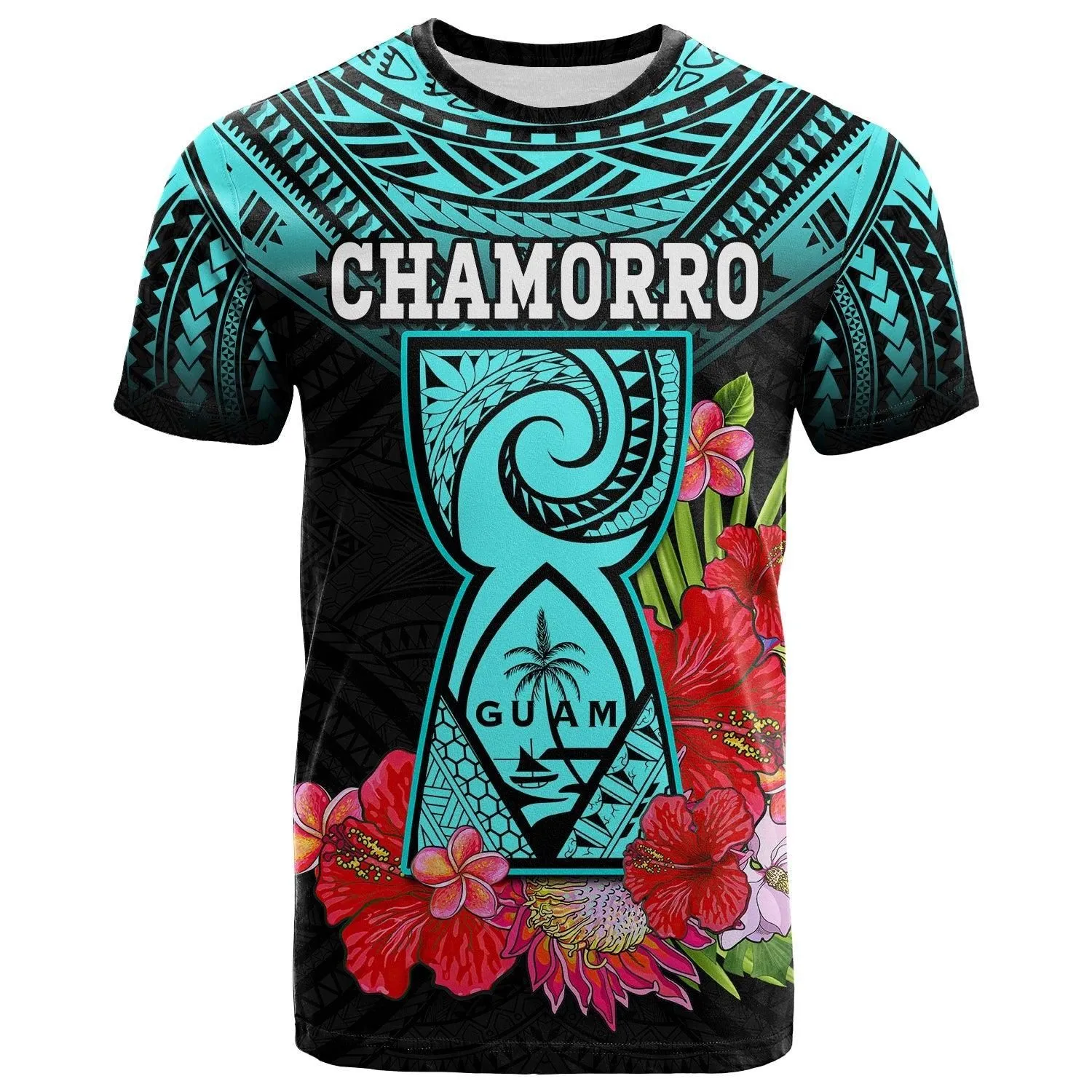 (Custom Personalised) Guam Chamorro T Shirt Guaman Latte Stone Tropical Flowers Turquoise Style LT14