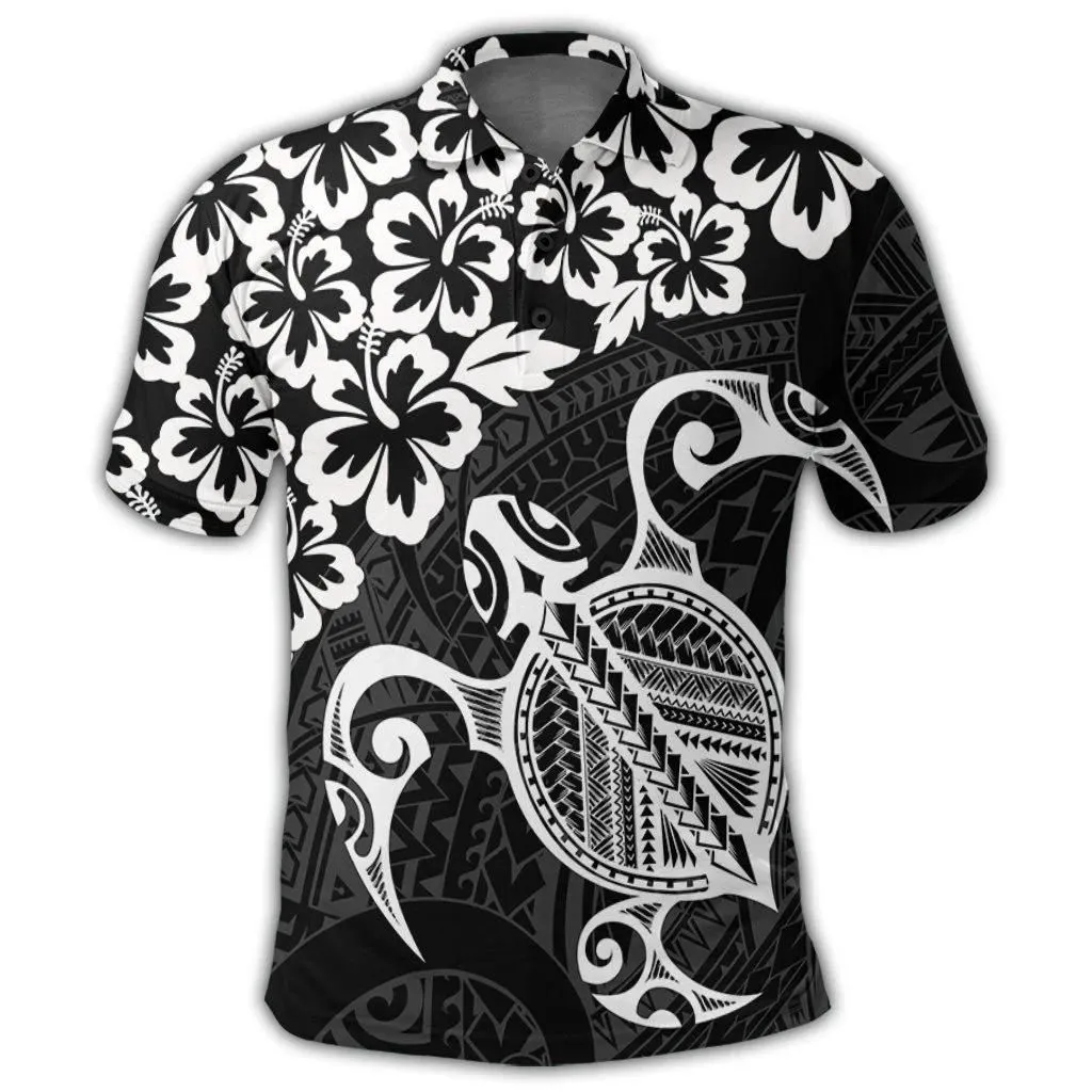 Alohawaii Shirt - Hawaiian Map Turtle Hibiscus Kanaka Polynesian Polo Shirt - White - AH - J4R