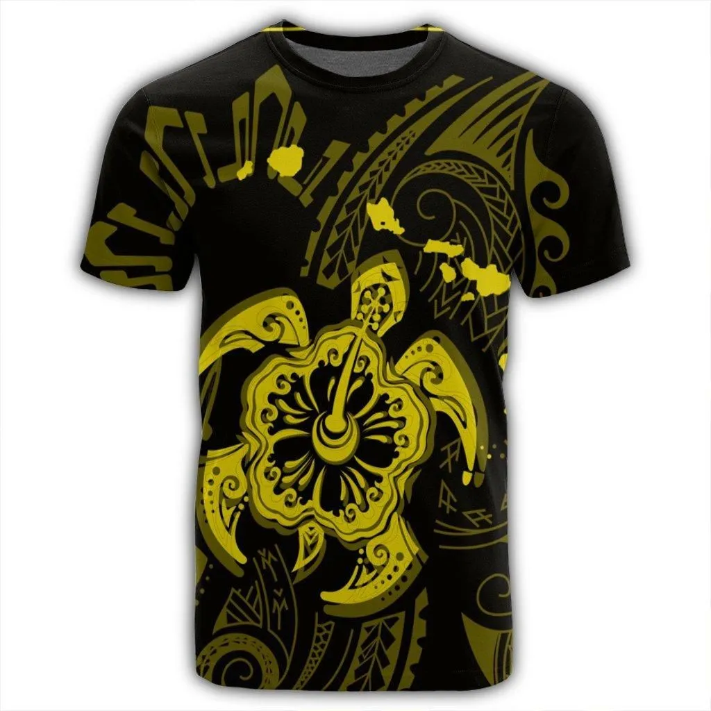 Hawaiian Map Kanaka Hibiscus Turtle Yellow Polynesian T-Shirt - AH